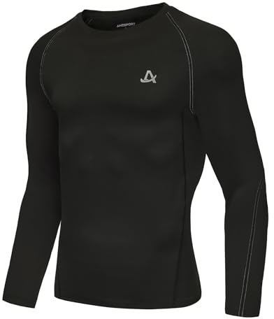 AMZSPORT Herren Langarm Kompressionsshirt, Atmungsaktives Funktionsshirt für Männer, Schnelltrocknendes Sportshirt für Fitness, Laufen, Gym und Jogging Schwarz Silber M