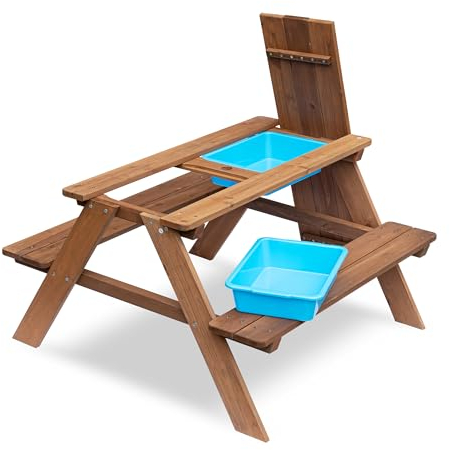 KaMel GmbH 2 in 1 Kindersitzgruppe, Kombination aus Outdoor Kindersitzbank und Matsch-Wasserspieltisch, inkl. 2 Behälter, ca. 88 x 51 x 88 cm, Massivholz – lasiert, ab 2 Jahre