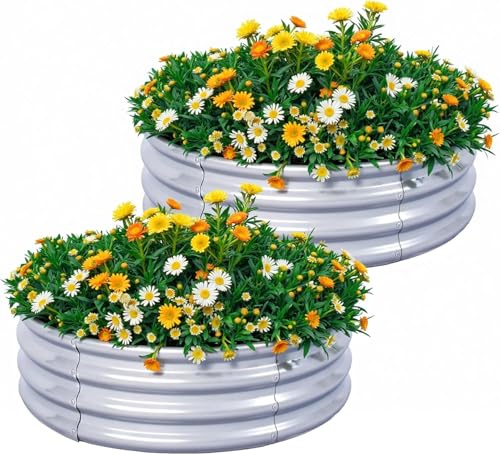 2 stycken runda upphöjda bäddar metall galvaniserat stål planteringskrukor blomlåda trädgård cirkulär planteringslåda grönsaksbädd, trädgårdsbädd, planteringsbädd, galvaniserade trädgårdslådor för