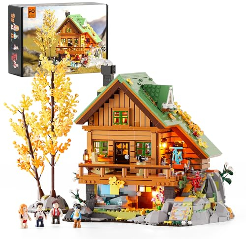 FUNWHOLE Mountain Cabin Bauklötze Set, 2255 PCS BergHütte Klemmbausteine mit LED Licht Wald Lodge Bausteine Modell Bauspielzeugset für Erwachsene und Jugendliche