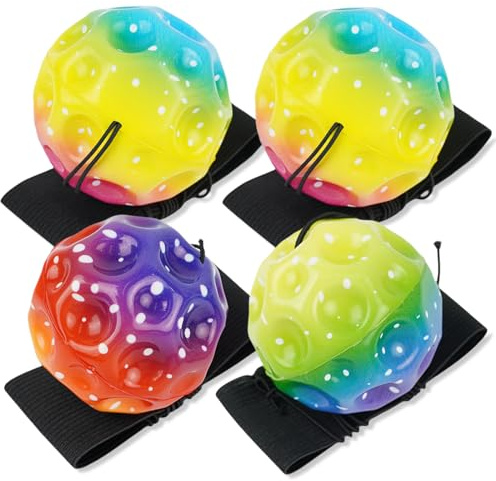 Meleager Juguetes para Adultos para niños, Pelotas de Muñeca Deportivas, Space Bouncing Ball, 4 Piezas Bola de Retorno de Muñeca(Multicolor-Moon Ball), Astro Jump Ball, Pelota de Goma con Correa