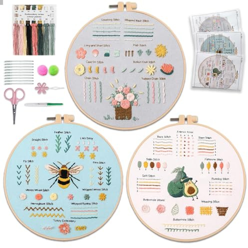 Aucuu Kit de Démarrage de Broderie, 3PCS Kit de Point de Croix Broderie avec Patrons Instructions, Kit de Broderie pour Débutant, Point Croix avec Instructions et Outils pour Adultes Débutant