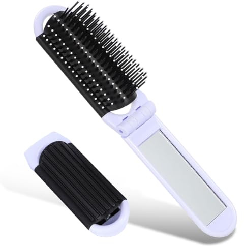Mini Travel Hair Brush Small Foldable Compact Hair Brush with Mirror and Round Tip Nylon Bristles Portable Comb for Car Gym Bag Purse for Women and Men (White, 1 Pcs)