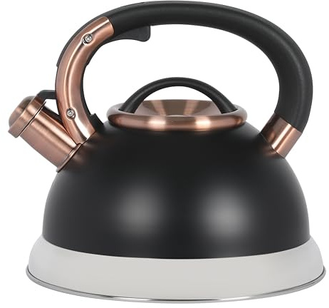 Mr. Coffee Flintshire 2.2 Quart Large Whistling Stainless Steel Tea Kettle, Matte Black with Copper Accent, Stovetop Fast-Boil Tea Pot