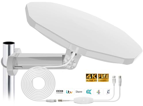 TV Aerial Outdoor - High Gain Freeview TV Antenna with Long Range Reception Booster for Caravan Motorhome Campervan Truck Car Boat（White）