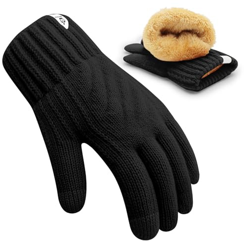 ARFNKIM Kids Winter Gloves for Boys Girls, Fleece Lining Knitted Warm Gloves Touchscreen Thermal Children Mittens (Black, One size)