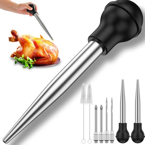 Turkey Baster Set of 8,Stainless Steel Marinade Injector Food Syringe Meat Syringe,Chicken Basting Cooking Pipette,Silicone Bulb Long Injector for Oiling and Marinating Turkey Beef Pork Fish (8 Pcs)