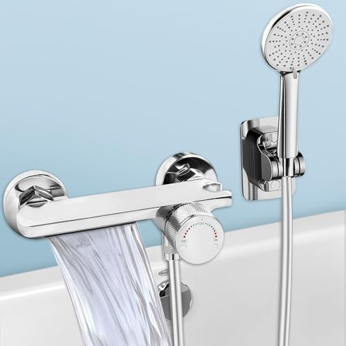 Mitigeur Baignoire, robinet cascade avec douchette, Robinet Baignoire avec Douchette 5 Jets, Robinet Salle Bain Baignoire Mural avec Flexible 1,5m, Robinet de baignoire