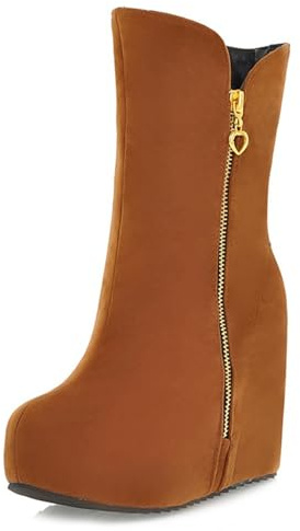 Gicoiz Plataforma Tacón de Cuña Botas Mujer Punta Rojoonda Comodo Media Pierna Height Increasing Invierno Warm Rodilla Riding Booty Peso Ligero Amarillo Talla 40.5 EU-42Cn