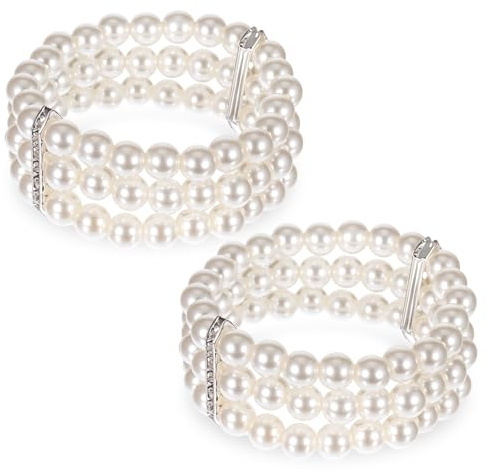 Aysatogc 2 stycken pärlarmband kvinnor vitt 1920-tals armband pärlor 3-radig stretch pärlarmband för kvinnor fest bal bröllop festival halloween