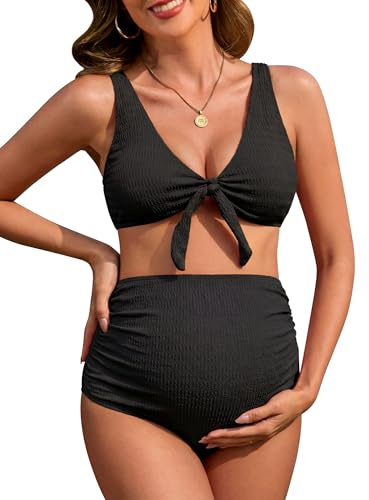 FEOYA Bikini Maillot de Bain 2 Pièces Maternité Shorty Taille Haute Femmes Tankini Maternité Enceintes Grossesse Col en V Chic Plage Natation XS-L