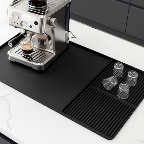Adiwo Tapete de Café de Silicona con Tapete de Secado– Antideslizante, Resistente al Calor, para Máquina de Café, Cocina y Bar Cocina (Negro)