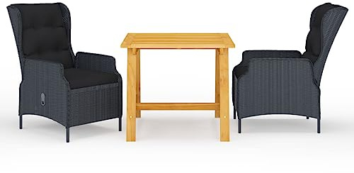 RMIHSJG Set da pranzo da giardino grigio scuro in legno di acacia con sedie in rattan PE e schienale regolabile, 4 posti, gruppo di mobili da esterno per terrazza e giardino