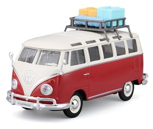 MAISTO VW T1 buss Samba med takräcke – modellbil 1:25 original trogen samlarbil leksaksbil med rörlig ratt, dörrar och huva, från 3 år (532471)