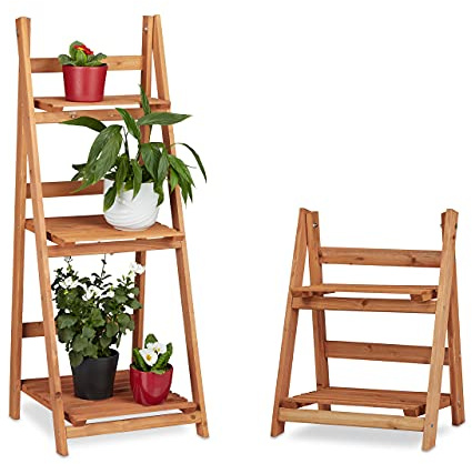 Relaxdays 2x Fioriere a Scaletta, Scaffale a Scala in Legno Stand Porta-Fiori da Interno più Ripiani, Marrone