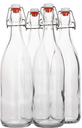 AYL Flip Top Glass Bottle [1 Liter / 33 fl. oz.] [Pack of 4] – Swing Brewing Bottle with Stopper for Beverages, Oil, Vinegar, Kombucha, Water, Soda, Kefir – Airtight Lid & Leak Proof Cap – Clear