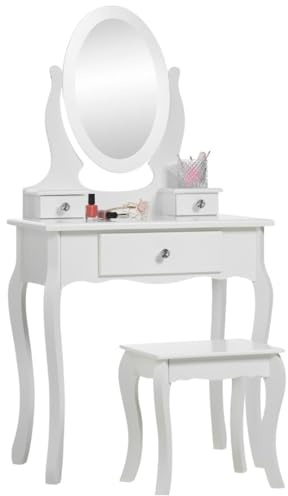 Runesol Mobile per Il Trucco per Ragazze con Sgabello e Specchio. Tavolo da Trucco per Bambini Piccoli Ideale per Ragazze. Tabella di Preparazione per Trucco in Legno Bianco per Bambini. (8-13 Anni)