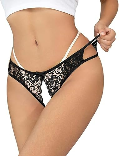 VisSec Tanga para mujer, sexy, con entrepierna abierta, aspecto mojado, cintura baja, color negro Negro L