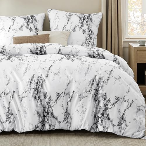 BEDSURE - Juego de ropa de cama de 220 x 240 cm, 3 piezas, funda nórdica de microfibra, reversible, de color blanco mármol, suave, para cama de matrimonio con cremallera y 2 fundas de almohada de 80 x