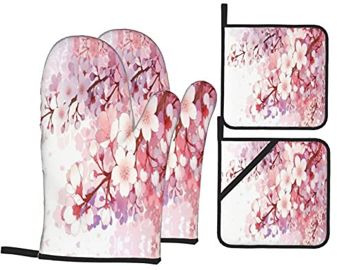Manoplas de Horno y Soportes para ollas, Juegos de 4, Flores de Cerezo de Japón, Almohadillas Calientes Resistentes con Guantes de Barbacoa Antideslizantes de poliéster para Cocina, cocinar, Hornear,