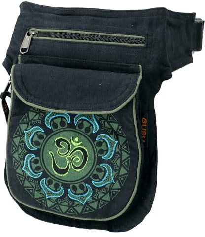 GURU SHOP Stoff Sidebag & Gürteltasche Aum Mandala, Goa Gürteltasche, Bauchtasche - Schwarz/grün, Herren/Damen, Baumwolle, Size:One Size, 25x17x4 cm, Festival- Bauchtasche Hippie