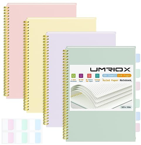 Umriox 4 Pack Lined Spiral Journal Notebook, 160 Pages 8.5 x 11 College Ruled Spiral Notebook with Sticky Tabs, Large Notebook for Work, Travel Journal, School