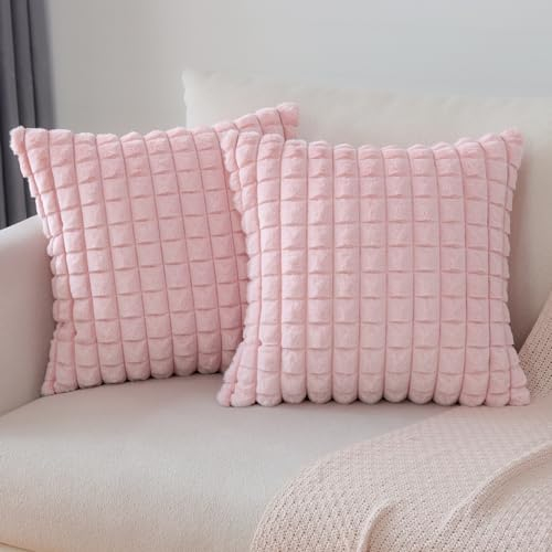 Soleebee 2er Set Plüsch Samt Kissenbezüge, Weiche Künstliche Pelz Plaid Textur Kissenbezug Sofa Zierkissenbezüge Dekokissen Kissenhülle Set für Couch Schlafzimmer Zuhause Dekor (40x40cm, Rosa)