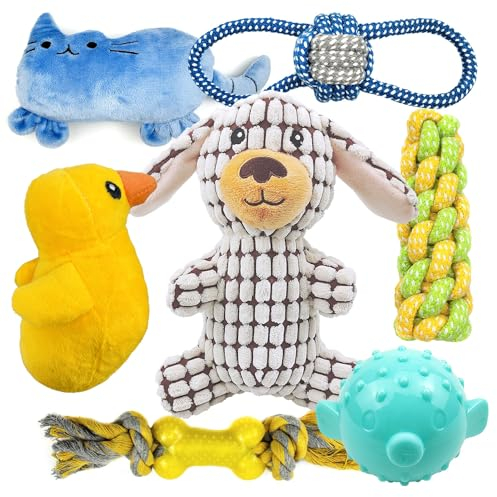 Sundrawy Kleine Hundespielzeuge Quietschen Ausgestopftes Plüsch Kuscheliges Welpenspielzeug Interaktive Spielbälle Schleppseile zum Kauen und Zahnen Auswahl an (Paid-Ente)