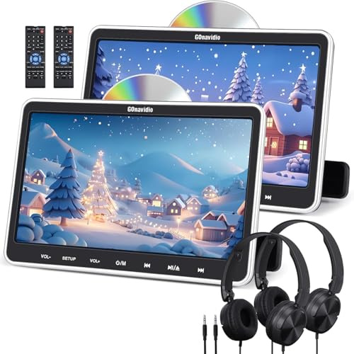 GOnavidio 10.1 Dual Car DVD Players with HDMI Input, 2 Headphones Mounting Brackets, Support Same/Different Movie, Last Memory, Region Free, USB SD Card, No Battery(2 Headrest DVD Players)