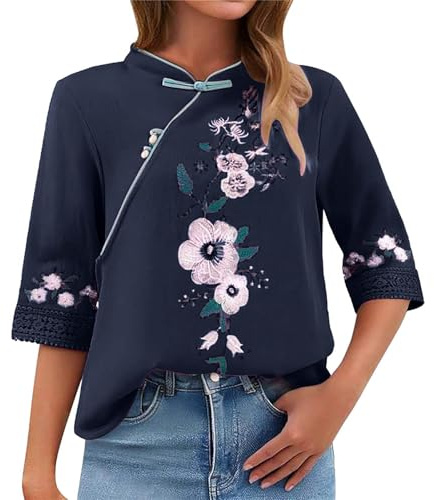 Uwdiohq Haut d'été pour Femme en Coton et Dentelle Chinoise, col incliné, Style rétro, Boutonnage à Sept Boutons, brodé Pulls Tuniques pour Femmes Leggings Habillés Blouse Chic élégant Chemise
