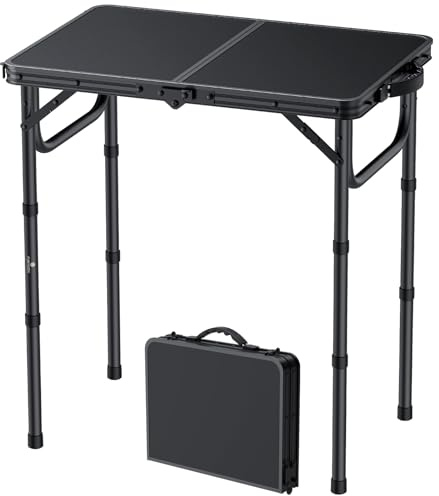 FUNYKICH Tavolo da Campeggio Pieghevole 58x40 cm,Tavolo da Picnic in Alluminio con 3 Altezze Regolabili (26/48/67 cm) e Maniglia di Trasporto,Piano in MDF,per Barbecue, Pesca e Campeggio,Nero