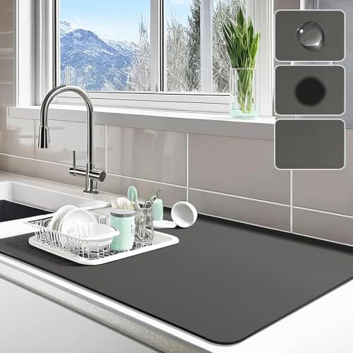 Dish Drying Mat,Super Absorbent Draining Mat for Kitchen Counter,Diatomite Drying Mat with Non Slip Rubber Backed，Quick Dry Coffee Mat Dish Mat (Dark Gray, 30x40cm)