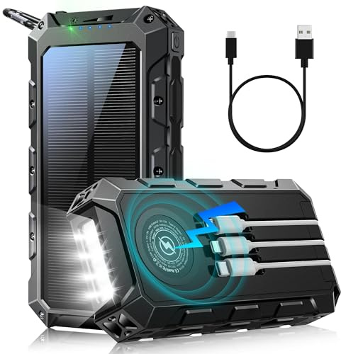 Cargador Solar 52800mAh: 30W PD 3.0A USB C Carga Rápida Bateria Externa con 3 Cables, 2 Input & 7 Output, 15W Carga inalámbrica, Luces indicadoras LED, Linterna, Cargador Portátil para Moviles
