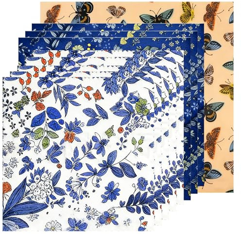 Rusokufo Juego De 9 Paños De Cera De Abeja (1L, 3M, 5S) Reutilizables De Algodón Ecológico – Alternativa Sostenible A Film Alimentario para Pan, Sándwich Y Fruta – Diseño Floral Azul