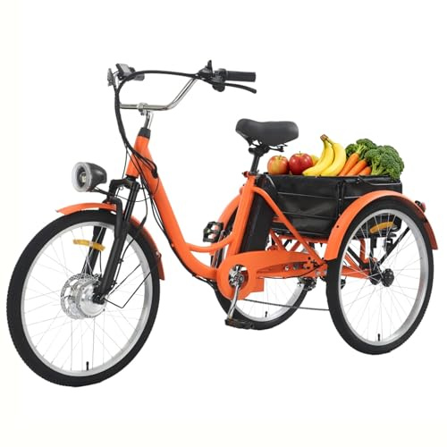 HZWJD Vélo Électrique,Tricycle Électrique 24 X 1,95 Pouces pour Adultes,Batterie Amovible 36 V/13 Ah,Tricycle Cargo Électrique pour Seniors,avec Panier Avant Orange