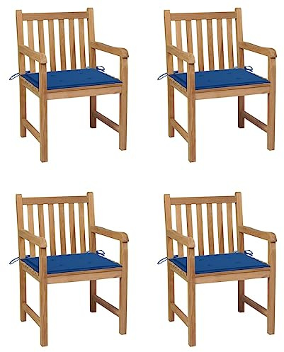 YuuSsea trädgårdsstolar 4 st. Tillverkad av massiv teak med kungsblå kudde, väderbeständig och bekväm, perfekt för balkong, terrass, utomhus, camping och pool, stapelbar och platsbesparande