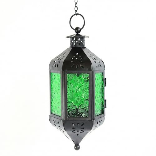 Vela Lanterns 11.5 Hanging Moroccan Decorative Candle Lantern Lamp – Indoor/Outdoor Tea Light Candle Holder for Patio, Porch, Ramadan or Home Decor, Emerald Green