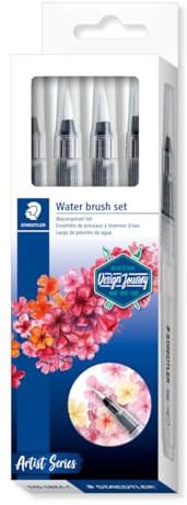 STAEDTLER 949 Vattenpenslar Set – 4 spetsar för akvarell | Fin, medium & stor rund plus kilspets i nylon, vattenbehållare – mjuka lavyrer & blandning – Art.-Nr. 949-SBK4-C