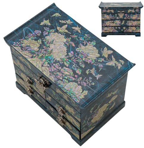 February Mountain Boîte de rangement à bijoux en bois nacré pour femme, avec tiroirs spacieux, idéale pour bagues, bracelets, montres, chaînes, accessoires