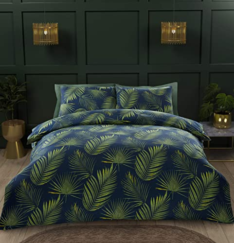 Rapport Home Bedding Duvet Cover King - So Soft Microfibre Polyester Cloth - 180 Thread Count Palma Tropical Leaves Floral Reversible Quilt Cover Set with Pillow cases Green (3 Piece)