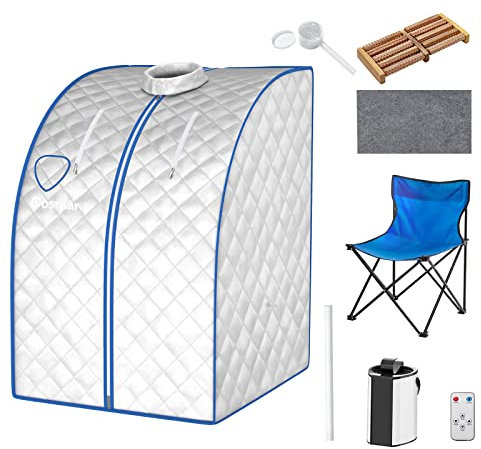 COSTWAY Home Steam Sauna, 9 Levels Temperature Adjustable Personal Spa Box with Folding Chair, 3L 1000W Bathroom Remote Control Sauna Tent for Therapy, Detoxify, Sweating and Slimming (Silver)