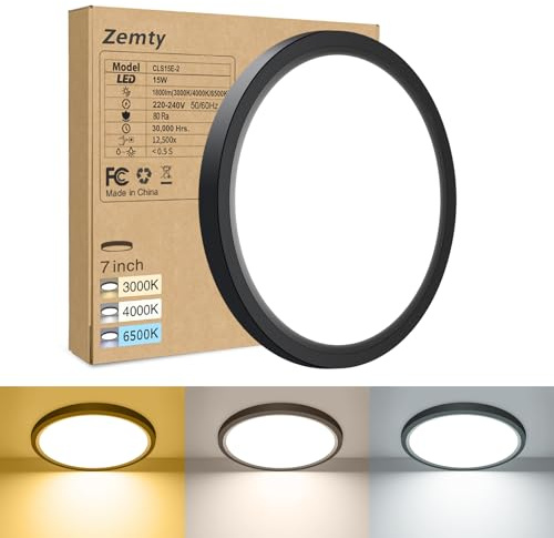zemty 3Farben 3000/4000/6500K LED Deckenleuchte Flach, 15W 1800LM Ø18cm Deckenleuchten, Schwarz Rund Ultra Dünn Deckenlampe LED Lampen Deckenlampen,Deckenbeleuchtung für Badezimmer,Küche