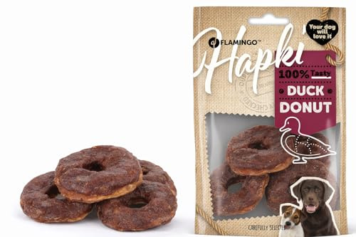 snack per cani - bastoncini per cani - Hapki donut all’anatra - snack da masticare gustoso - 4 pezzi - 95 g - ricompensa appetitosa