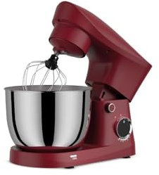 Impastatrice Planetaria Potenza 1500W Ciotola 5 Litri Frusta Filo Piatta Gancio Dieci Velocità Funzione Turbo Rosso Braccio Inclinabile Interruttore Sicurezza Piedini Gomma Antiscivolo Acciaio Inox