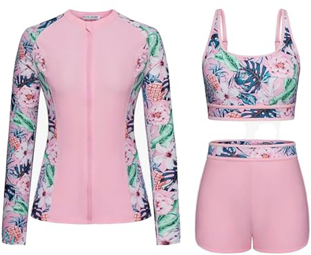 Generisch Maillot de bain fille Bikini Maillot de bain enfant 3 pièces Rashguard Maillot de bain pour femme à manches longues avec short boyshorts push-up Bikini 128 (11-12 ans)