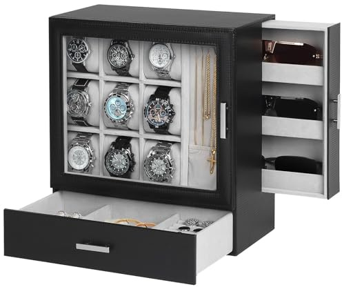 9-Slot Watch Display Case with Necklace Holder, Luxury Men’s Jewellery Box with Drawer, Standing Watch Box for Men with Clear Lid, Watch Case for Sunglasses, Vertical Storage, Space-Saving, Gift