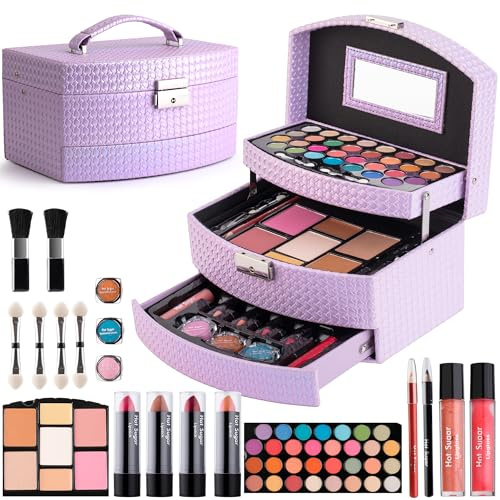 Hot Sugar Complete Makeup Kit, Professional Cosmetic Set with 31 Eyeshadows, 6 Brushes, Lipsticks and Beauty Tools, Chic Storage Case (Purple)