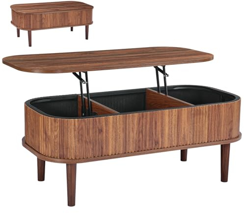 VEVOR Lift Top Couchtisch 100 cm, rustikaler Kaffeetisch mit verstecktem Staufach, ovaler Hubtischplatte für Wohnzimmer Büro Zuhause, Wohnzimmertisch Sofatisch Walnuss Mittelalterlicher Stil