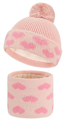 QKURT Conjunto de gorro y bufanda de invierno para niños, gorro de punto cálido, calentador de cuello, forro polar suave, térmico, con bola esponjosa y estampado de amor, para niños de 3 a 8 años