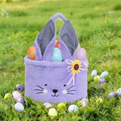 SilverChry Cesta de Pascua Conejo con Asa, Nido de Pascua,Cesta de Huevos de Pascua,Cubo Decorativo para Conejos,Perfecto para la Búsqueda de Huevos, Regalo Ideal (Morado A)